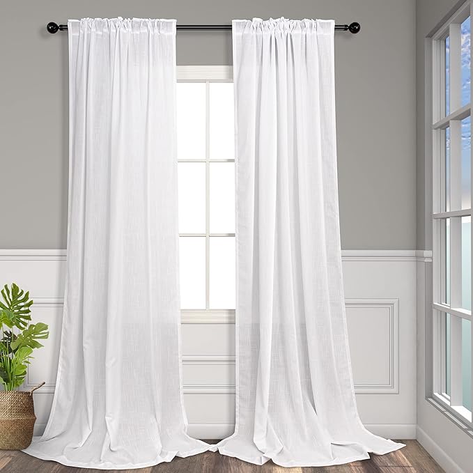 White Curtains 60 Inch Wide for Living Room Extra Large Linen Drapes Semi Sheer - Image 8