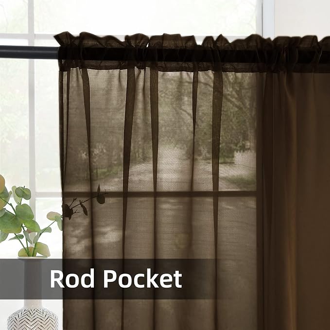 youleyar Solid Sheer Rod Pocket Curtain Voile Draperies 2 Panels White Beige - Image 3