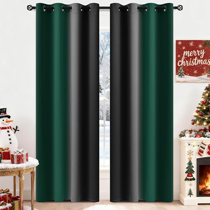 Yakamok Blackout Ombre Dark Green and Black Curtains-Gradient Room Darkening - Image 2