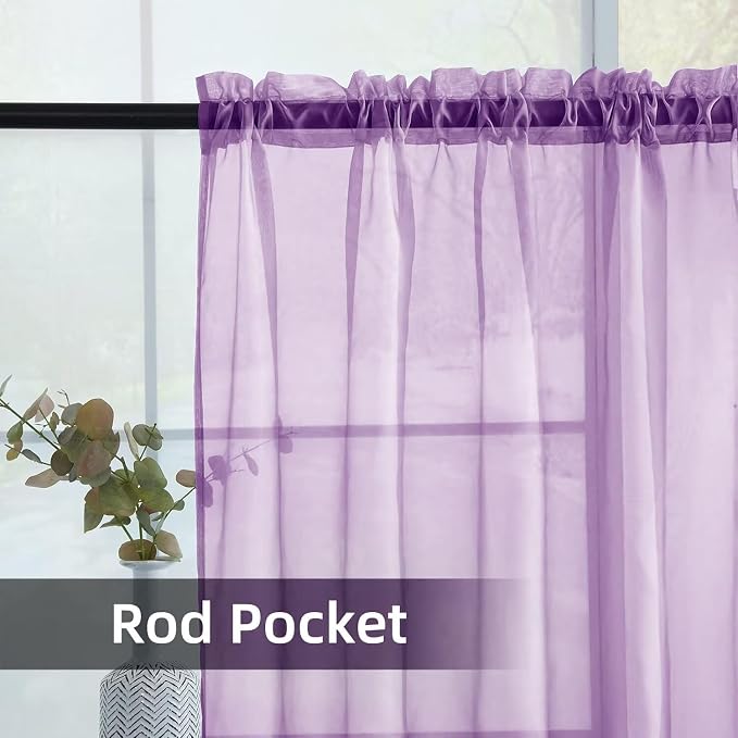 youleyar Solid Sheer Rod Pocket Curtain Voile Draperies 2 Panels White Beige - Image 3