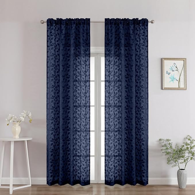 Chyhomenyc Navy Blue Sheer Curtains 90 Inch Length 2 Panels Set, Light by Chyhomenyc