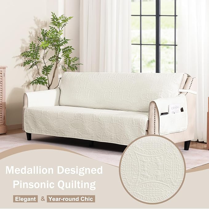 Quilted Sofa Slipcovers with Pockets, Anti-Slip Medallion Designed Couch Covers - Image 2