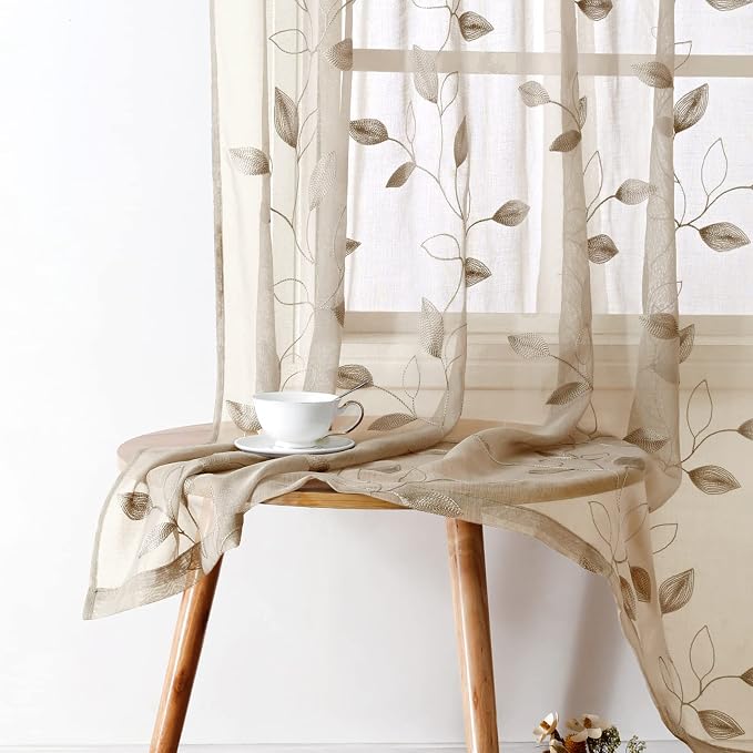 HOMEIDEAS Taupe Sheer Curtains 52 X 84 Inches Long 2 Panels Beige Embroidered - Image 4