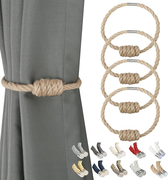 BEL AVENIR Magnetic Jute Curtain Tiebacks, Decorative Drapery Holdbacks by BELAVENIR