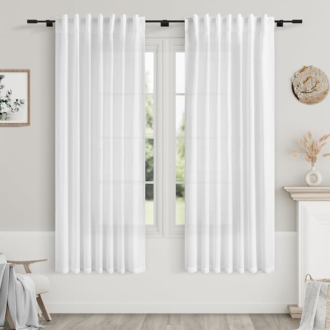 Nanspring White Linen Curtains for Living Room 2 Panels Set Neutral Modern by Nanspring