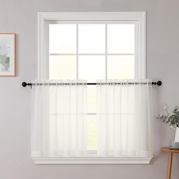 Kitchen Curtains 24 Inch Length Tier 2 Pieces, Ivory Sheer Curtain Solid Soft by WelvetBLK