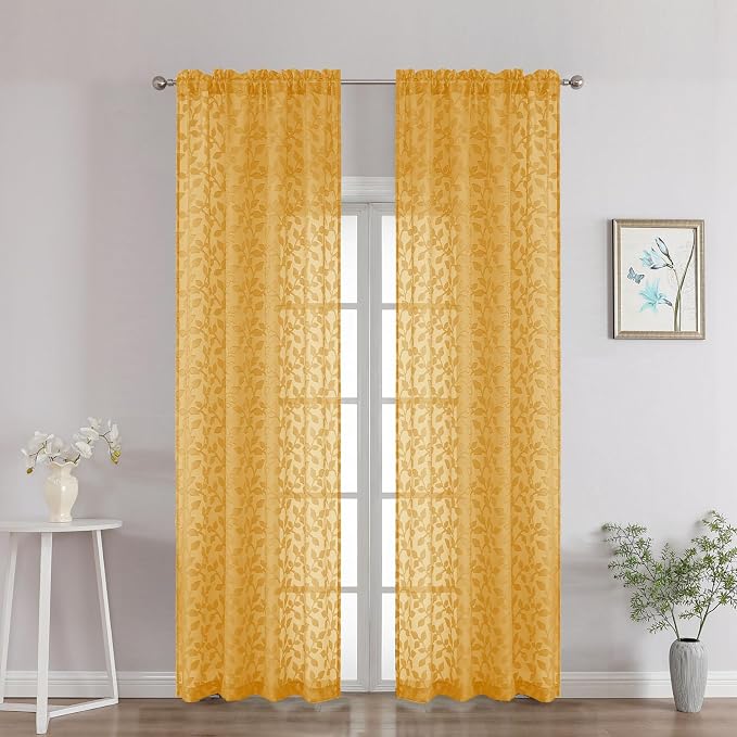 Chyhomenyc Gold Sheer Curtains 90 Inch Length 2 Panels Set, Light Filtering by Chyhomenyc