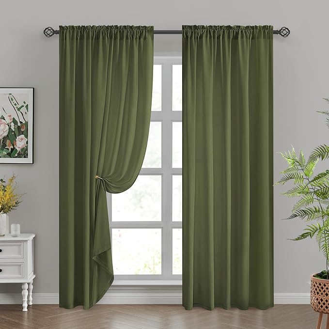 HOMEIDEAS Non-See-Through Olive Green Privacy Sheer Curtains, 52 X 84 Inches - Image 3