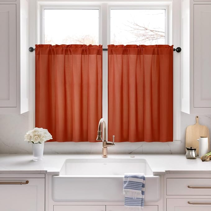 HOMEIDEAS Non-See-Through Fall Burnt Orange Privacy Sheer Kitchen Curtains by HOMEIDEAS