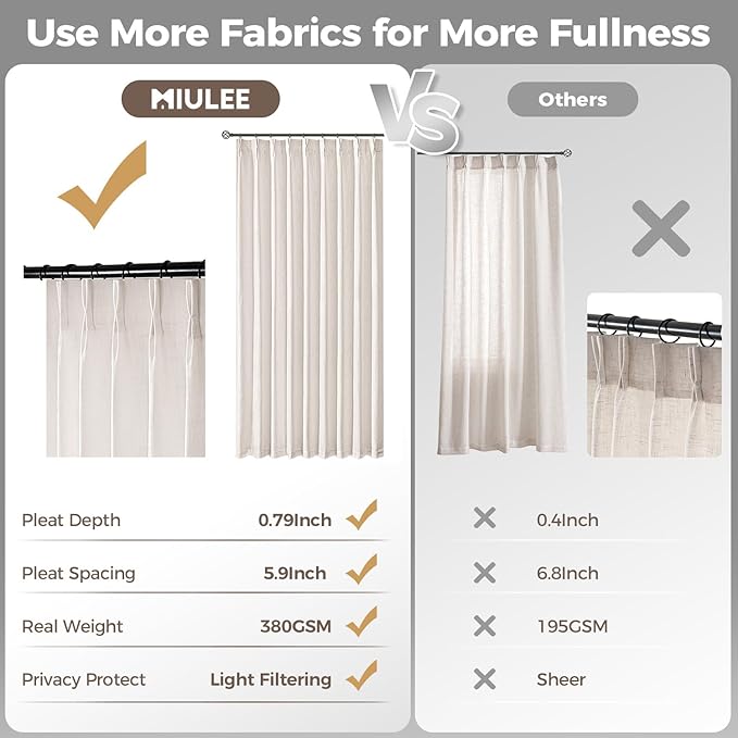 MIULEE Pinch Pleated Thick Linen Curtains 92 Inches Long 2 Panels - Image 6