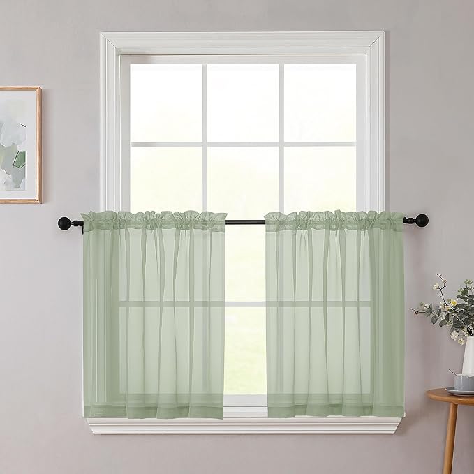 Kitchen Curtains 24 Inch Length Tier 2 Pieces, Sage Green Sheer Curtain Solid by WelvetBLK