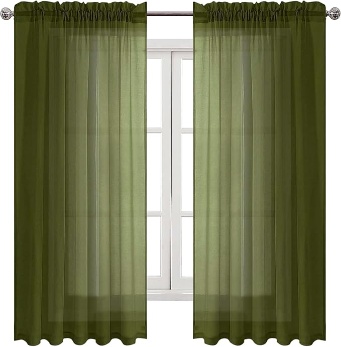 DWCN Olive Green Sheer Curtains Semi Transparent Voile Rod Pocket Curtains - Image 9