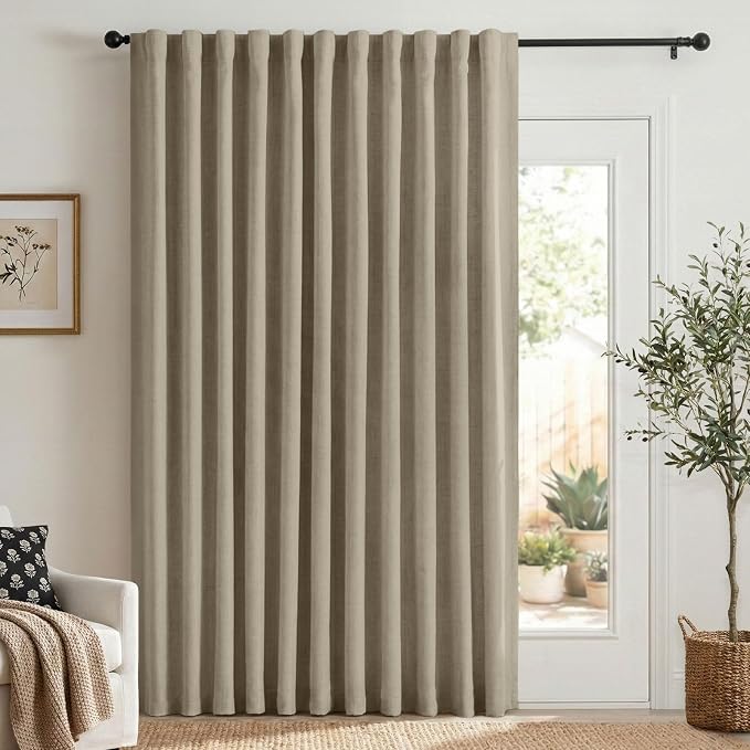 Faux Linen Total Blackout Sliding Door Curtains 84 Inches Long, Plaza Taupe | by 100BlackoutShield
