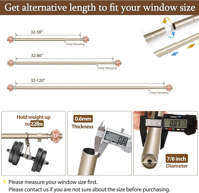 Curtain Rods for Windows 48 to 84 Inch, USFOOK 7/8 Inch Rose Gold Curtain Rod - Image 6