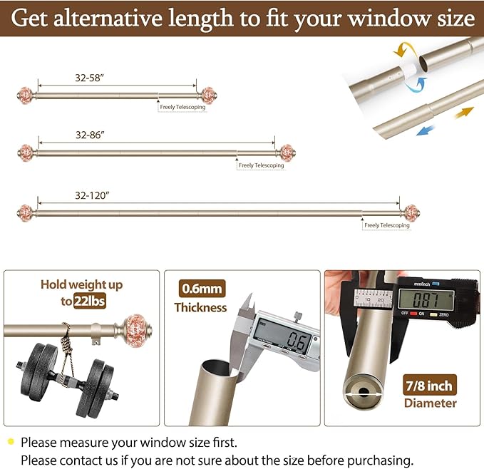 Curtain Rods 32 to 58 Inches, USFOOK 7/8 InchTelescoping Splicing Drapery Rods - Image 6