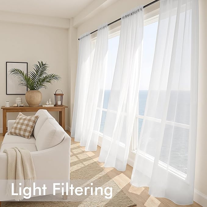 MIULEE White Sheer Curtains 84 Inches Long, 4 Panels Set, Light Filtering Rod - Image 4