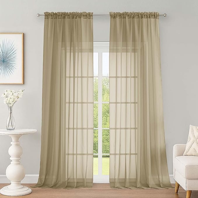 OWENIE Extra Long Taupe Sheer Curtains 96 Inches Long 2 Panels Set, Soft by OWENIE