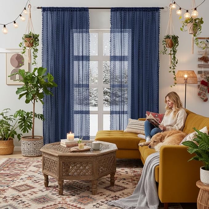 WAZZIO Boho Lace Curtains 84 Inches 2 Panel, Light Filtering Privacy Tassel & by WAZZIO