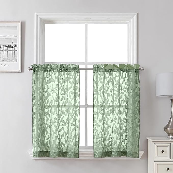 Lecloud Leia Sage Green Sheer Kitchen Curtains 30 Inch Length 2 Pcs, Jacquard by Lecloud