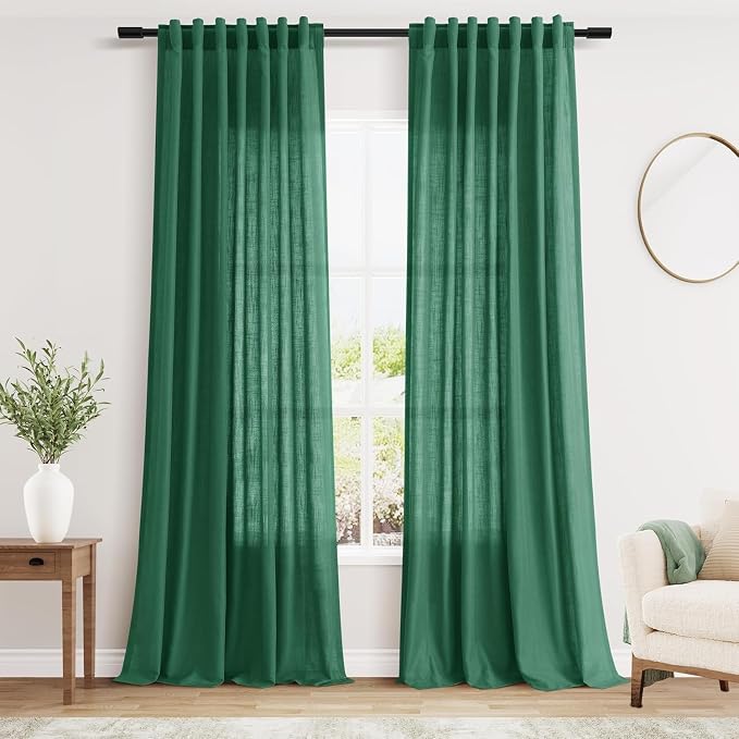 Dark Green Linen Curtains 90 Inch Long 2 Panels Set by Nanspring
