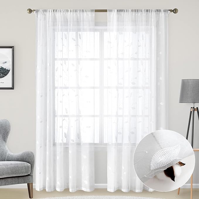 HOMEIDEAS White Sheer Curtains 52 X 84 Inches Long 2 Panels Embroidered Leaf - Image 2