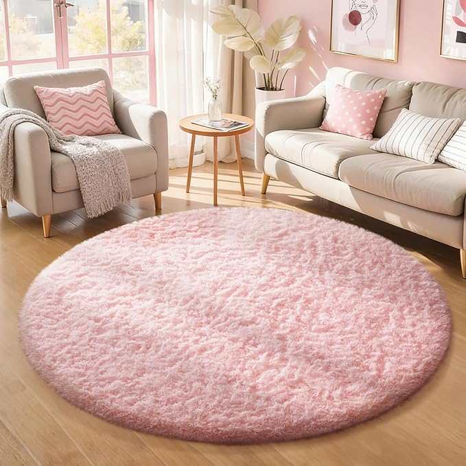 Ophanie Pink Round Rugs 5Ft Circle Area Rug, Cute Fluffy Fuzzy Girls Bedroom by Ophanie