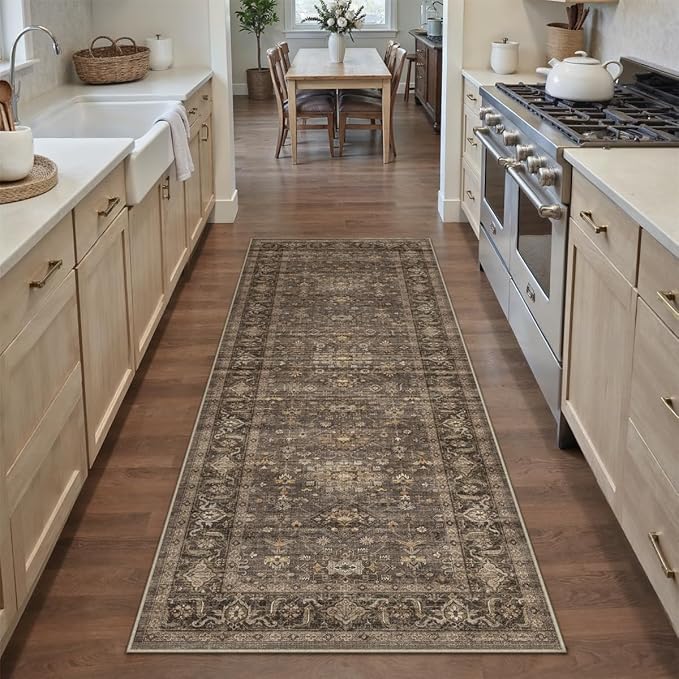 2x7 Washable Runner Rug for Hallway Kitchen Vintage Brown Non Slip Low Pile - Image 4