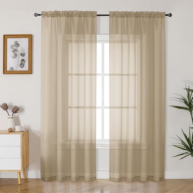 Gwine Taupe Sheer Curtains 90 Inches Long 2 Panels Set, Light Filtering Solid by Gwine