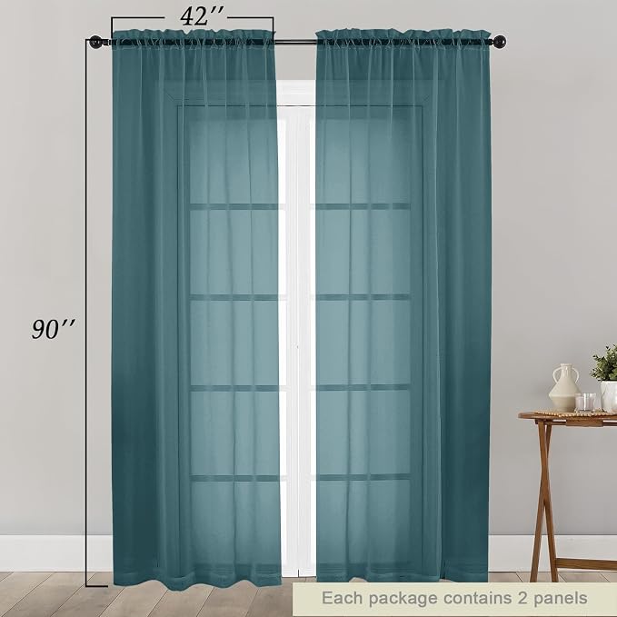 Sheer Dusty Blue Curtains for Bedroom Living Room 90 Inches Long 2 Panels Set - Image 2