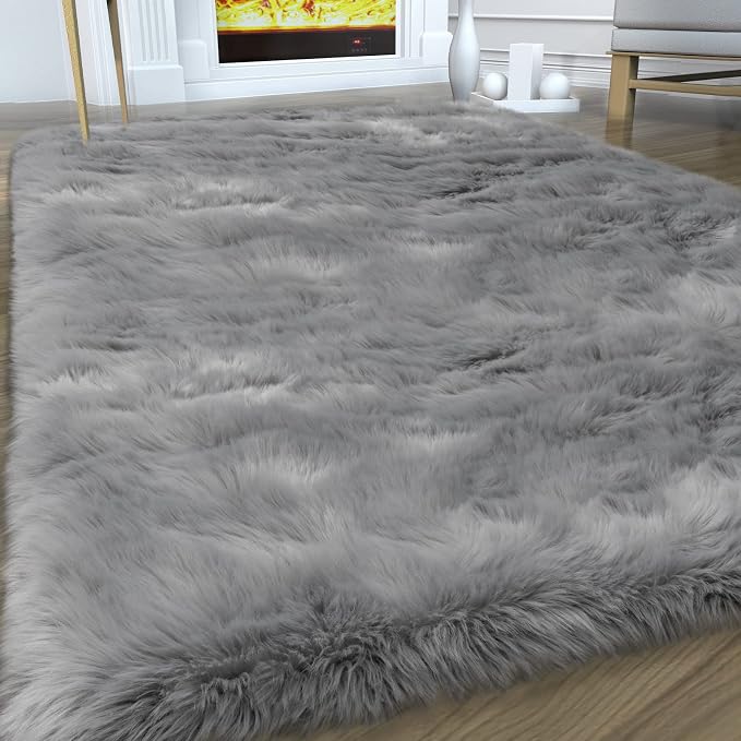 Faux Fur Area Rug, Indoor Plush Gray Floor Carpets - Image 2