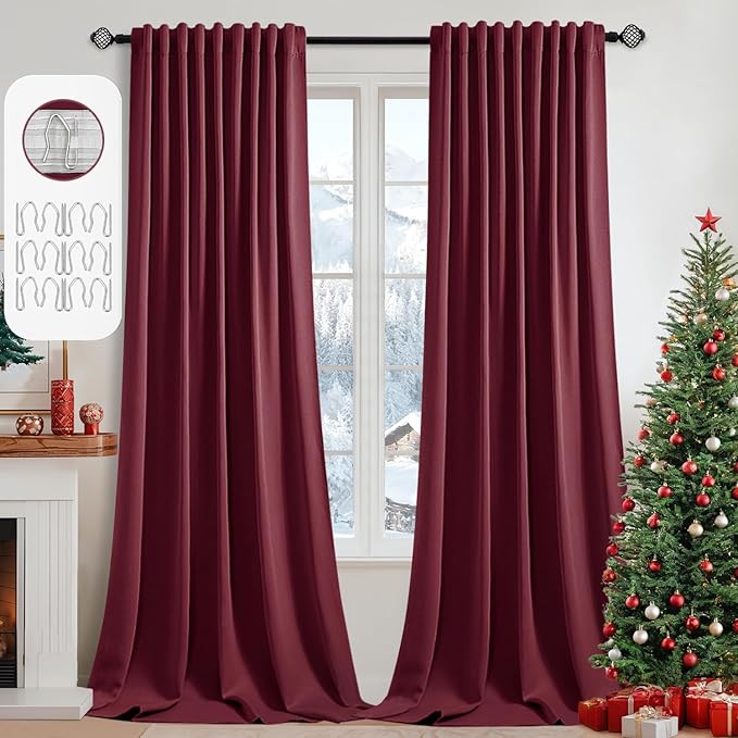 MIULEE Christmas Wine Red Back Tab Blackout Curtains 102 Inch Long 2 Panels Set by MIULEE