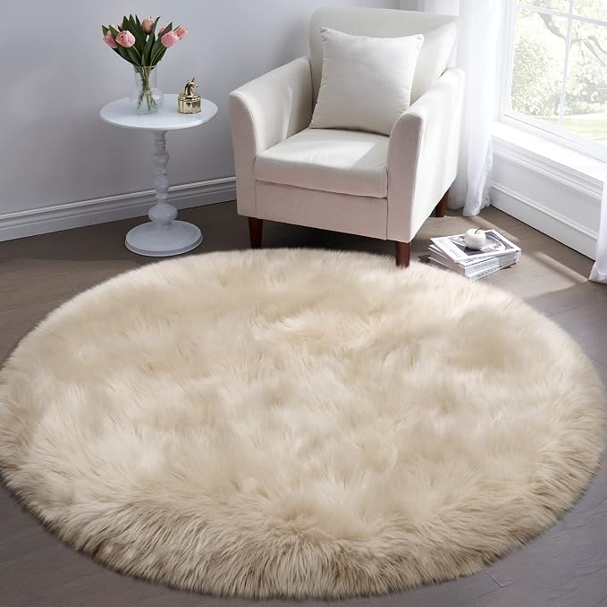 Tangsoo Round Faux Fur Rugs, Sheepskin Round Rugs 3ft, Soft Small Circle Rug - Image 2