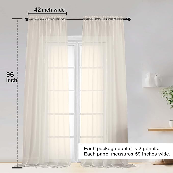 OWENIE Cream Sheer Curtain 96 Inch Long 2 Panels Set, Light Filtering Clear Rod - Image 2