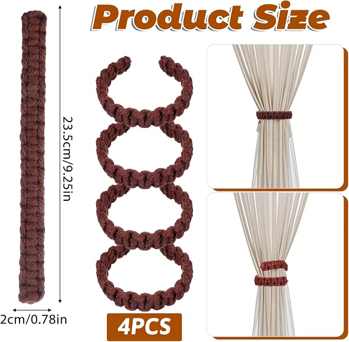 Ptwola 4 Pack Braided Curtain Tiebacks Boho Elegant Rustic Curtain Holdbacks - Image 2