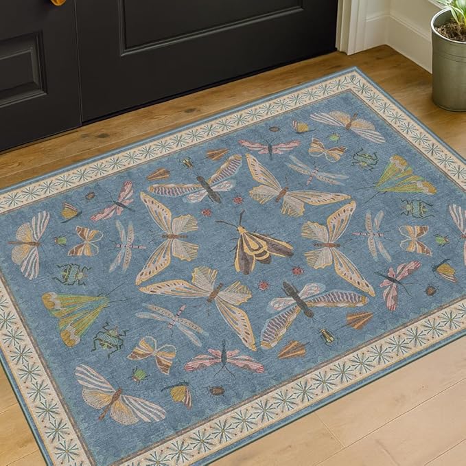 Blue 2x3 Kitchen Rugs Non Slip Washable, 0.25" Low Pile Stain & Fade Resistant by HazoHaus