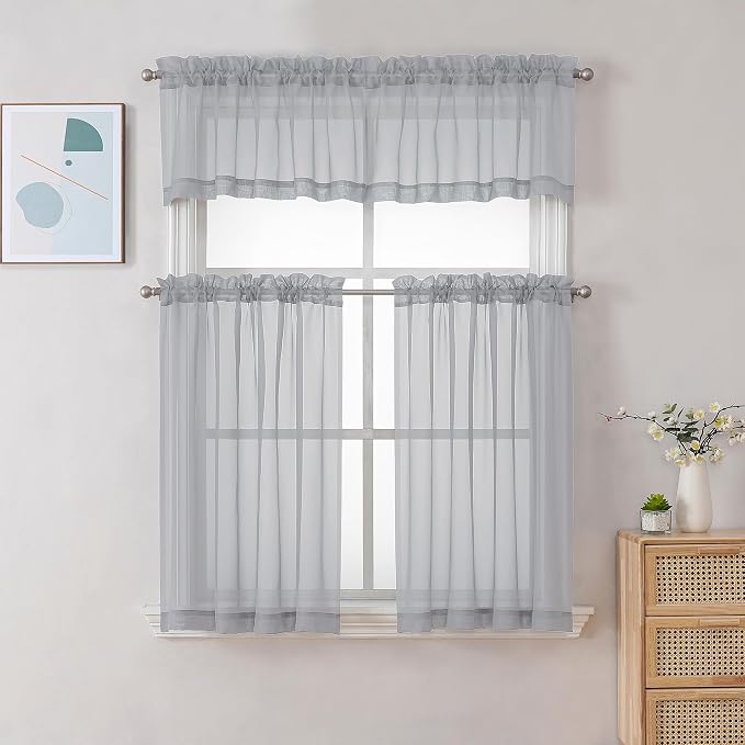 Gwine Light Grey Sheer Curtain Tiers 24 Inch Length, Light Filtering Voile - Image 2
