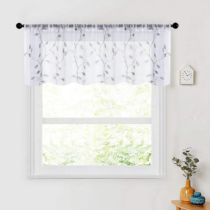 MRTREES Sheer Voile Curtain Valances, Leaves Embroidered Valance Curtains Rod by MRTREES