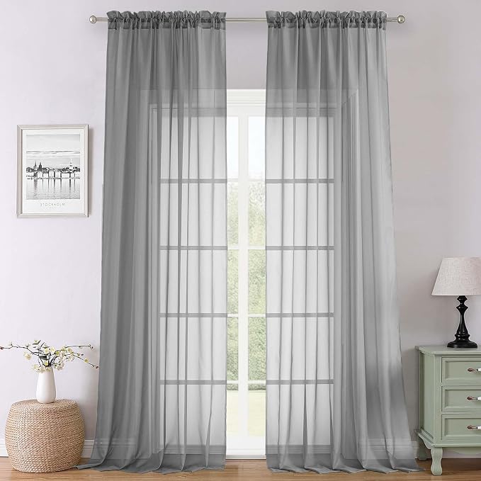 Lecloud Charcoal Grey Sheer Curtains 108 Inches Long 2 Pcs, Airy Light by Lecloud