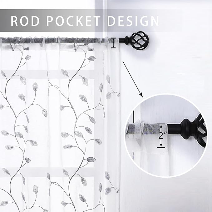 MRTREES Sheer Voile Curtain Valances, Leaves Embroidered Valance Curtains Rod - Image 2
