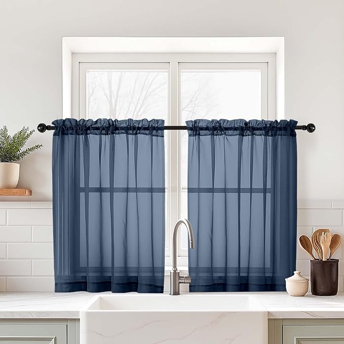 Navy Blue Sheer Curtains Tier 30 Inches Length 2 Panels, Light Filtering by Home