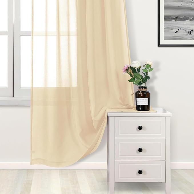 DWCN Beige Sheer Curtains Semi Transparent Voile Rod Pocket Curtains - Image 4