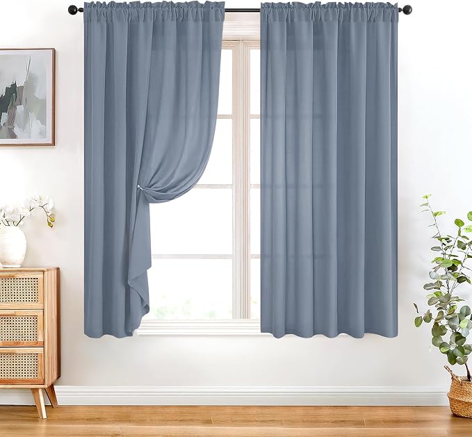 HOMEIDEAS Non-See-Through Stone Blue Privacy Sheer Curtains, 52 X 63 Inches - Image 2