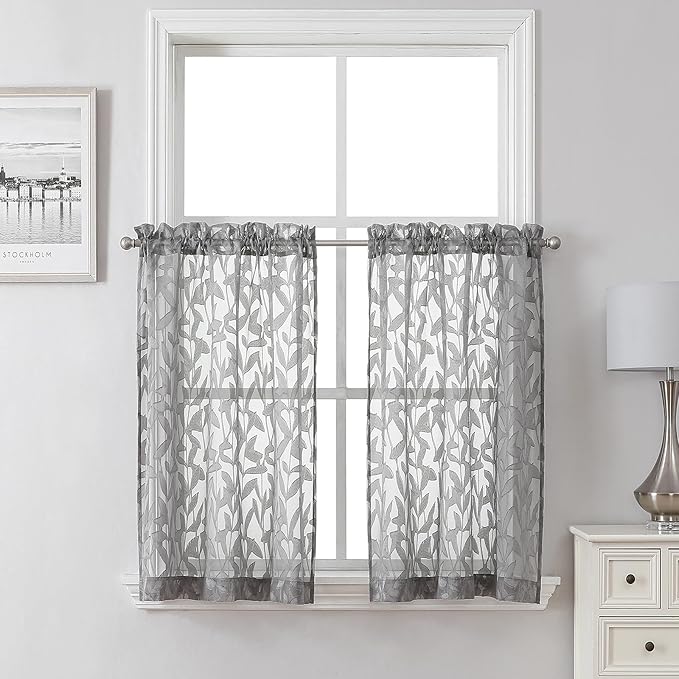 Lecloud Leia Charcoal Grey Sheer Kitchen Curtains 36 Inch Length 2 Panels by Lecloud