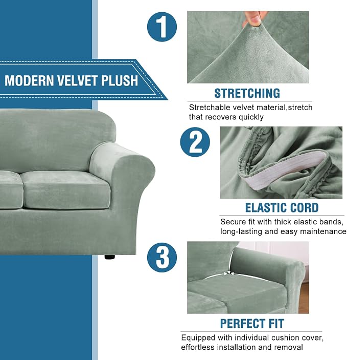 H.VERSAILTEX Real Velvet Plush 3 Piece Stretch Sofa Covers Couch Covers - Image 3