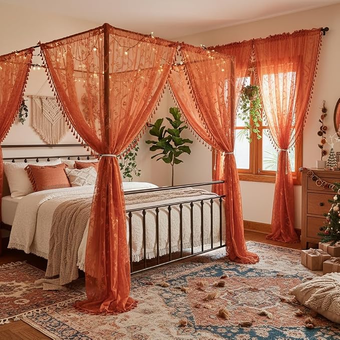 WAZZIO Boho Lace Curtains 63 Inch 2 Panels-Vintage Sheer Panel Drape Floral - Image 5