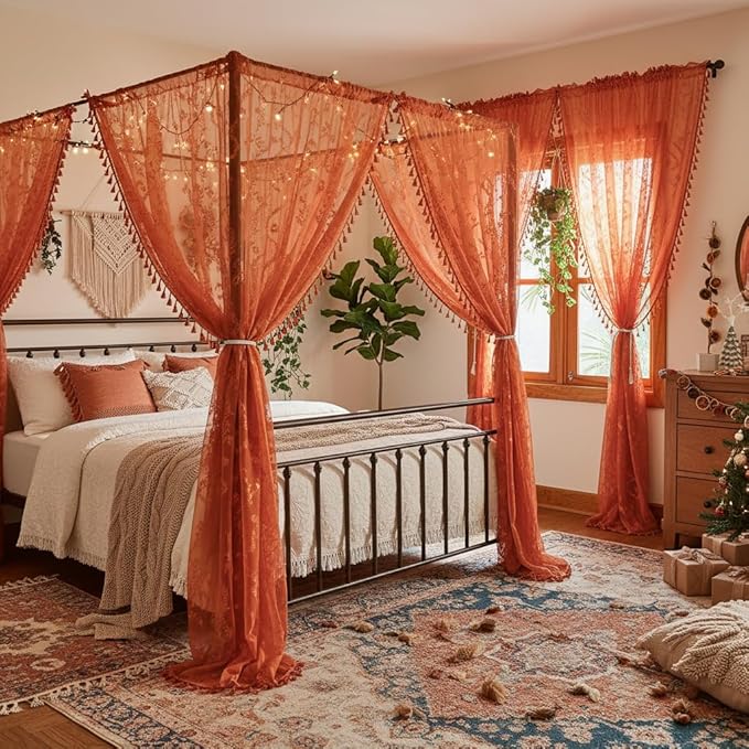 WAZZIO Boho Lace Curtains 72 Inch 2 Panels-Vintage Sheer Panel Drape Floral - Image 8