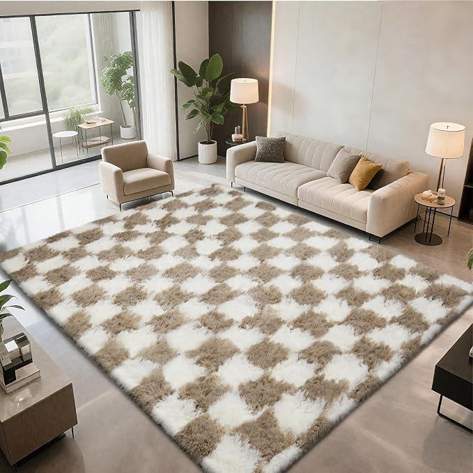 Checkered Area Rugs for Bedroom 5x8, Fluffy Beige and White Checkered Rug Fuzzy by Boshengya