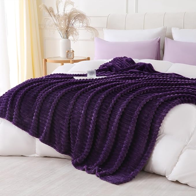 Deep Purple Throw Blanket for Couch Sofa 50x70 inches Striped Design | Fleece - Image 2