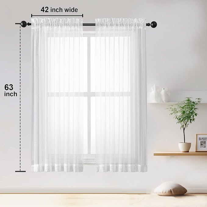 OWENIE Sheer White Curtains, Sheer Curtains 63 inch Length 2 Panels Set - Image 3