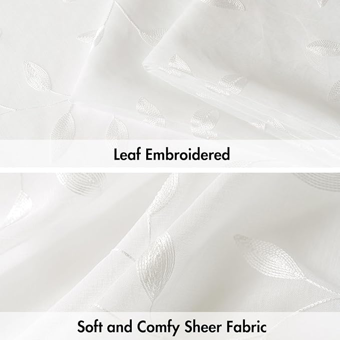 MIULEE Ivory Sheer Curtains 2 Panels Embroidered Leaf Patterned Rod Pocket - Image 4